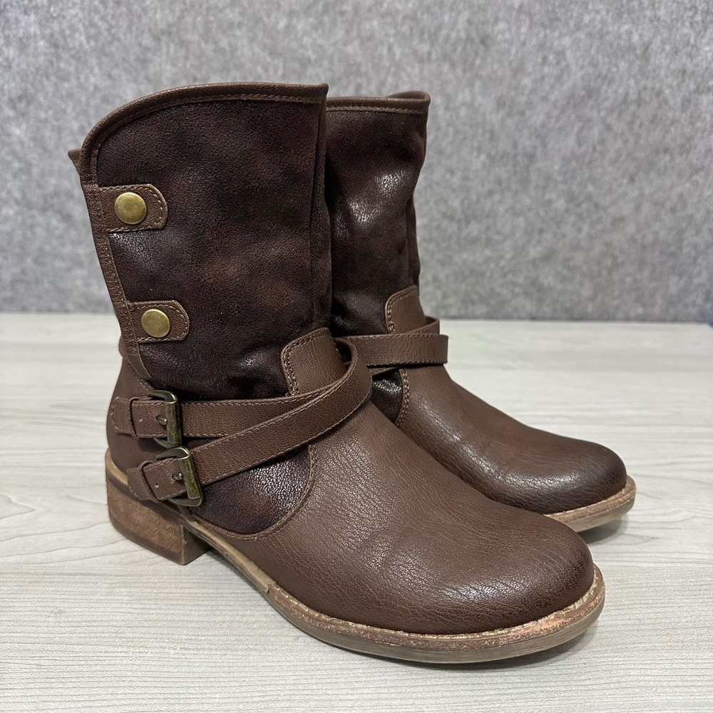 Yuu Tamp Women Size‎ 7.5 Brown Faux Fur Lined Ankle Boots Snap Buckle Straps